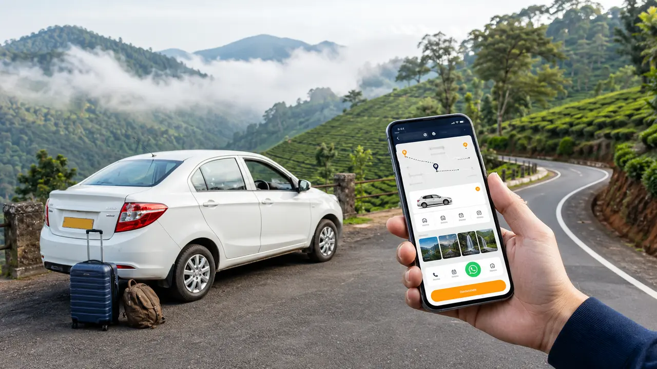 Taxi on a scenic Coorg road with a mobile tour booking website interface