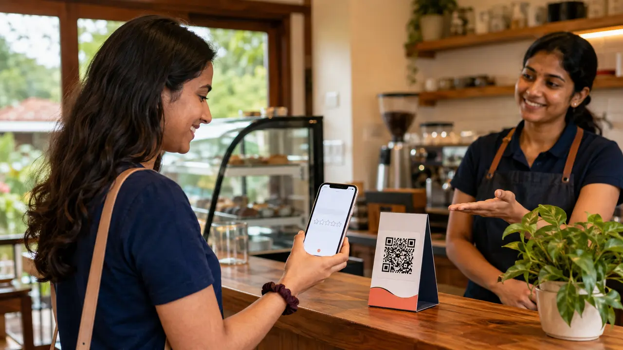 Customer voluntarily scanning a review QR code at a local business counter
