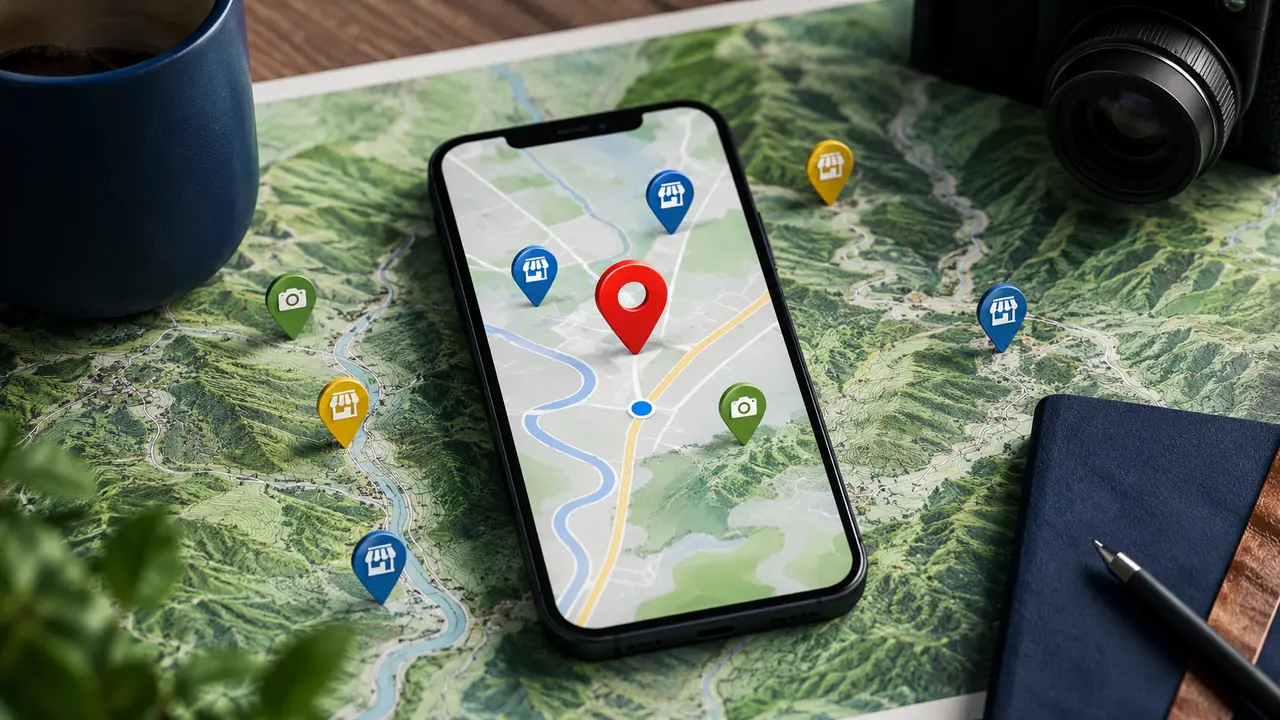 Smartphone and map pins illustrating local Google Maps visibility in Coorg