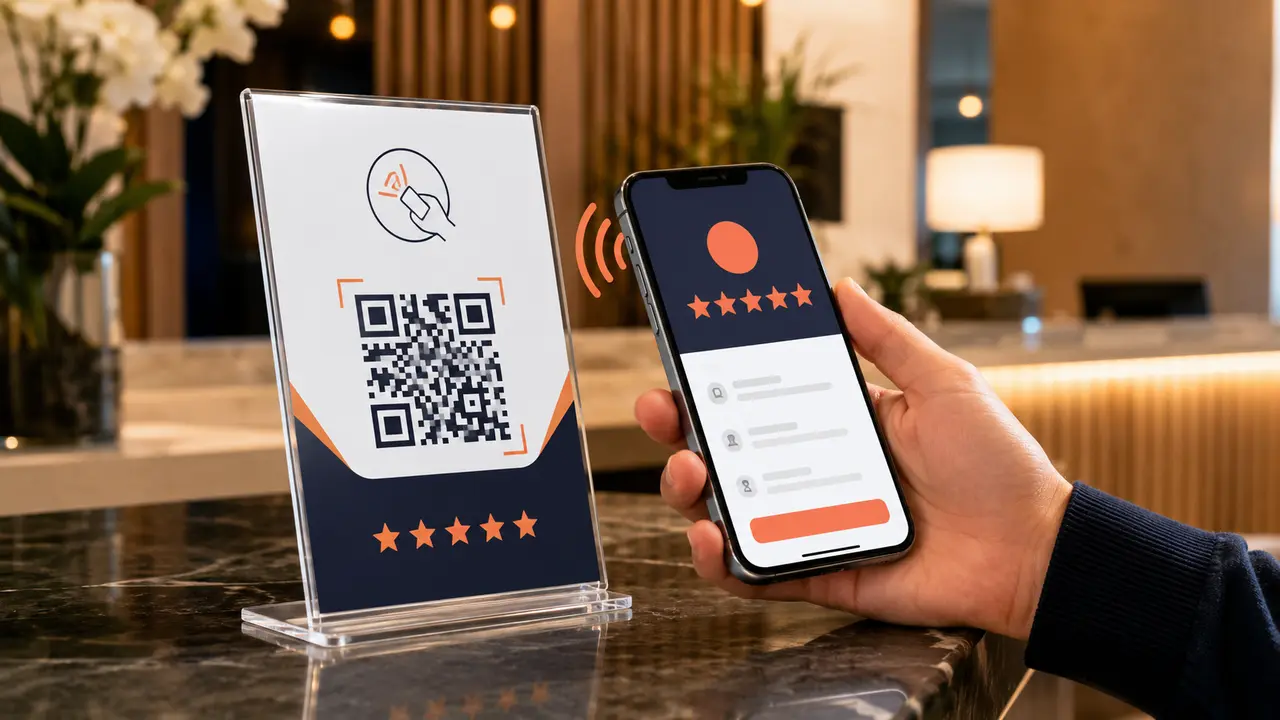 Customer tapping a phone beside a Google review NFC and QR stand