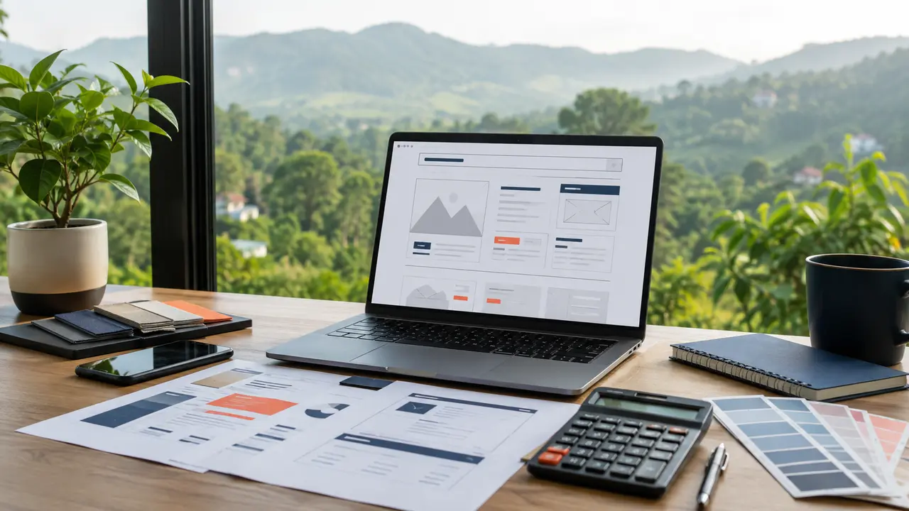 Laptop, calculator and website plans illustrating website design costs in Coorg