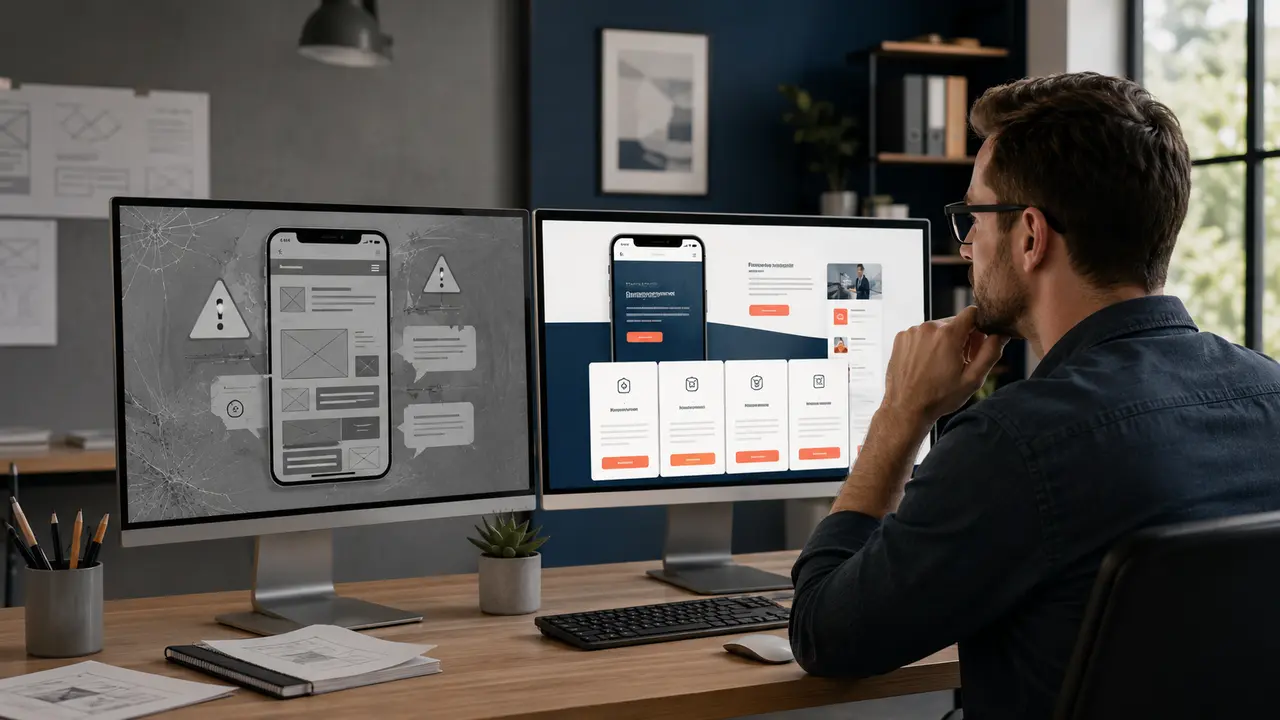 Outdated broken website compared with a clean modern responsive redesign