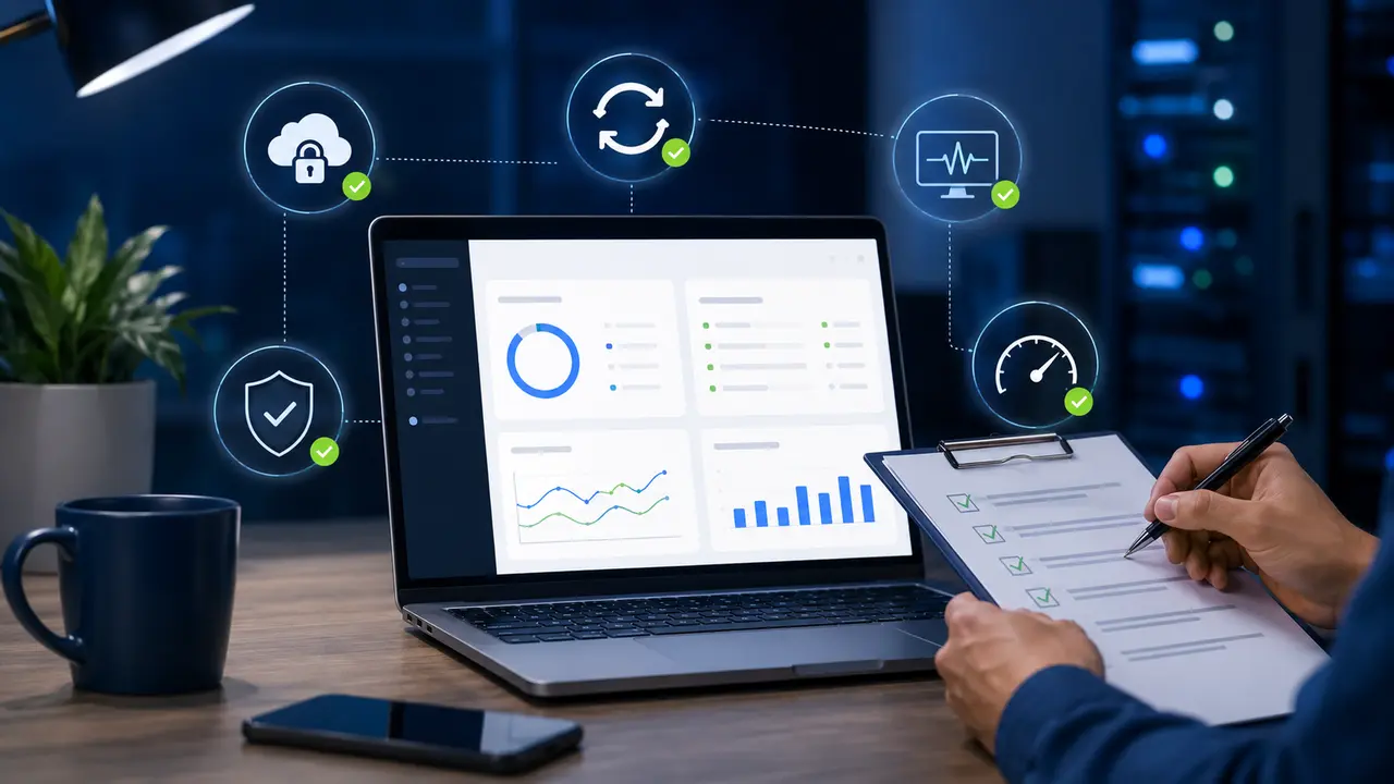 Website maintenance dashboard with backup, security, updates and performance checks